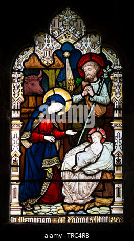 Nativity stained glass, St. Anne`s Church, Sutton Bonington, Nottinghamshire, England, UK Stock Photo